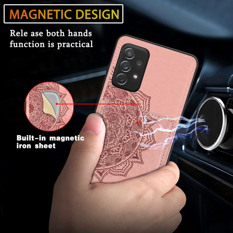 For Samsung Galaxy A72 5G / 4G Mandala Embossed Magnetic Cloth PU+TPU+PC Case with Holder & Card Slots & Wallet & Photo Frame
