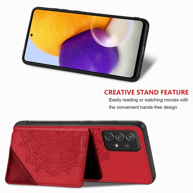 For Samsung Galaxy A72 5G / 4G Mandala Embossed Magnetic Cloth PU+TPU+PC Case with Holder & Card Slots & Wallet & Photo Frame