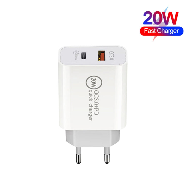 20W PD Type-C + QC 3.0 USB Interface Fast Charging Travel Charger with USB-C / Type-C to Type-C Fast Charge Data Cable EU Plug