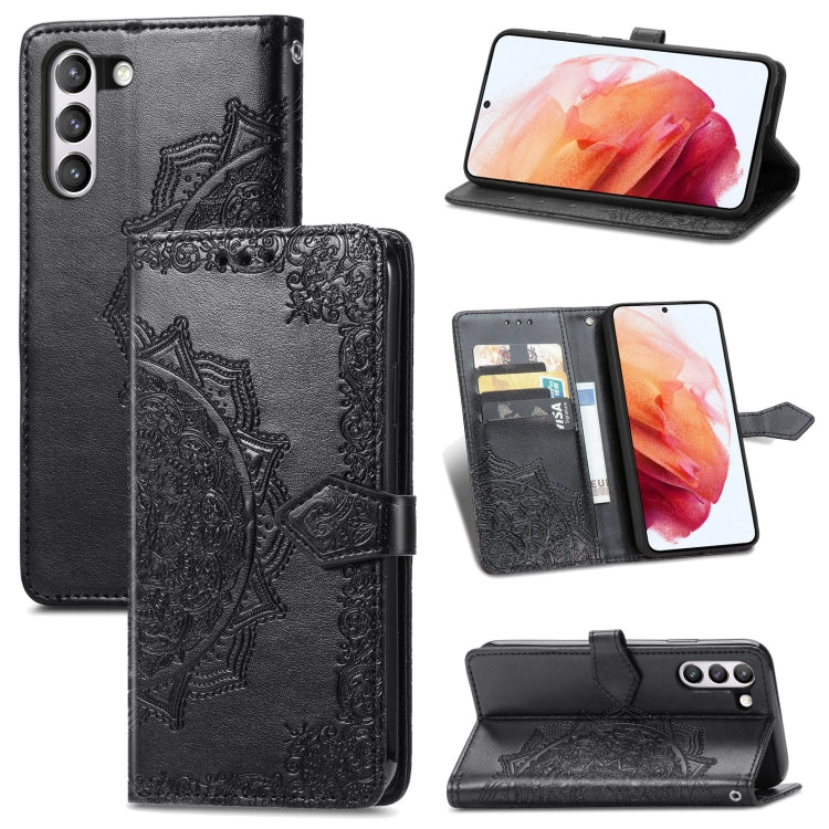 For Samsung Galaxy S21 FE Halfway Mandala Embossing Pattern Horizontal Flip Leather Case with Holder & Card Slots & Wallet & Lanyard