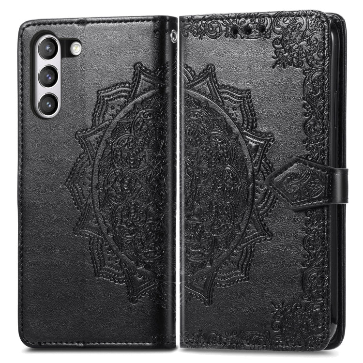 For Samsung Galaxy S21 FE Halfway Mandala Embossing Pattern Horizontal Flip Leather Case with Holder & Card Slots & Wallet & Lanyard