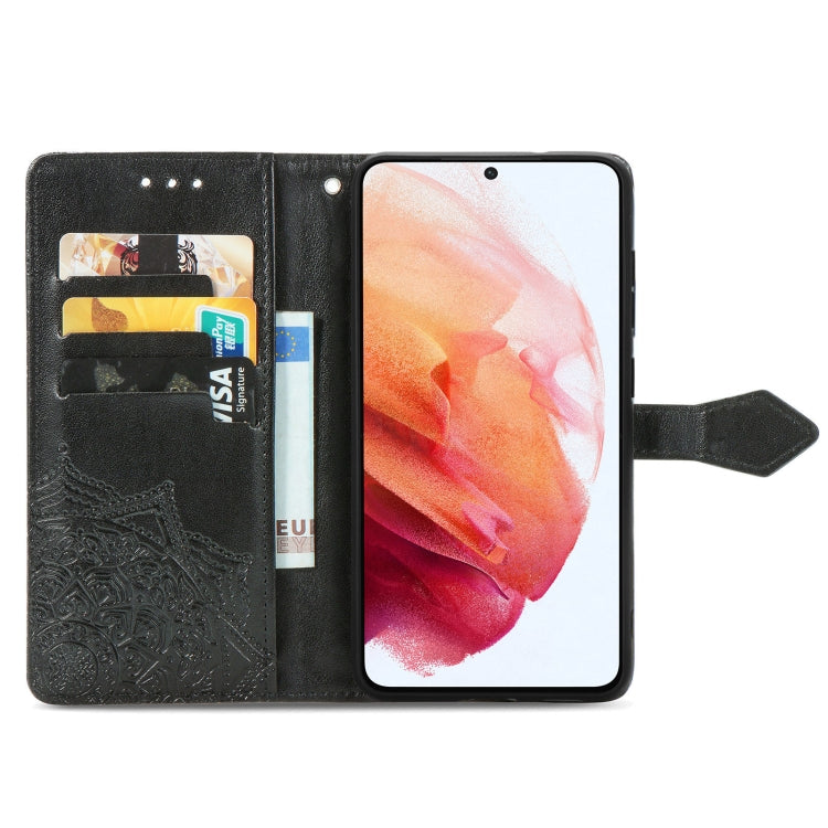 For Samsung Galaxy S21 FE Halfway Mandala Embossing Pattern Horizontal Flip Leather Case with Holder & Card Slots & Wallet & Lanyard