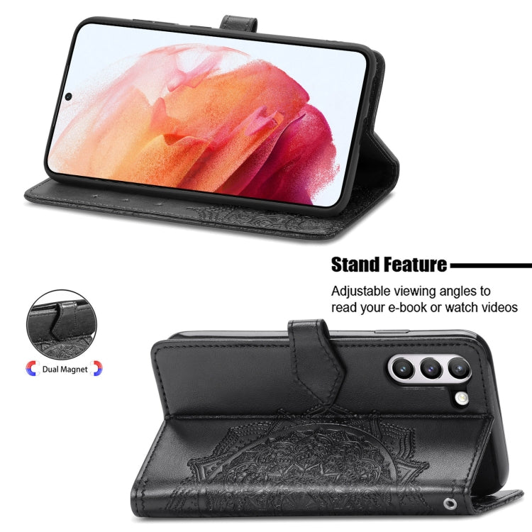For Samsung Galaxy S21 FE Halfway Mandala Embossing Pattern Horizontal Flip Leather Case with Holder & Card Slots & Wallet & Lanyard