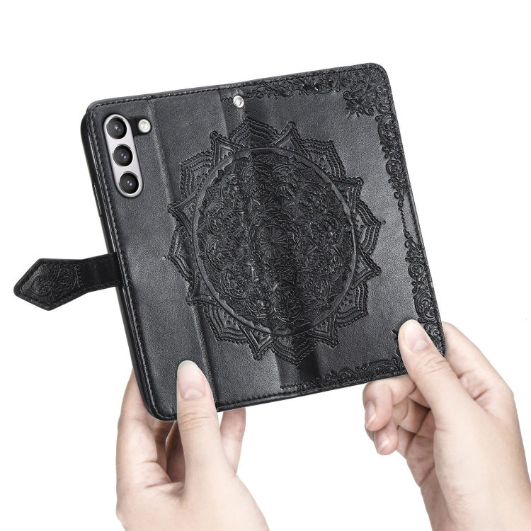 For Samsung Galaxy S21 FE Halfway Mandala Embossing Pattern Horizontal Flip Leather Case with Holder & Card Slots & Wallet & Lanyard