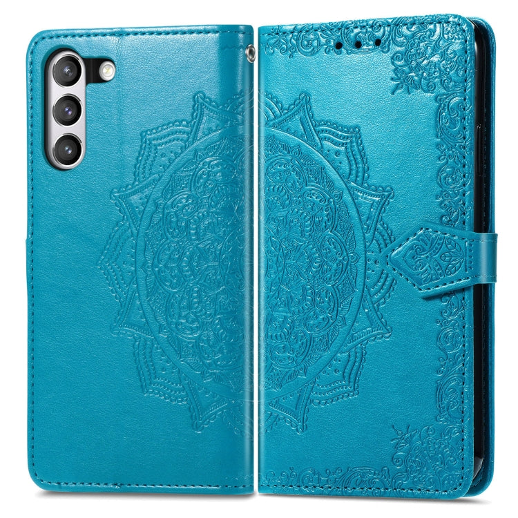 For Samsung Galaxy S21 FE Halfway Mandala Embossing Pattern Horizontal Flip Leather Case with Holder & Card Slots & Wallet & Lanyard