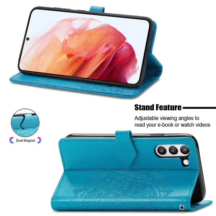 For Samsung Galaxy S21 FE Halfway Mandala Embossing Pattern Horizontal Flip Leather Case with Holder & Card Slots & Wallet & Lanyard