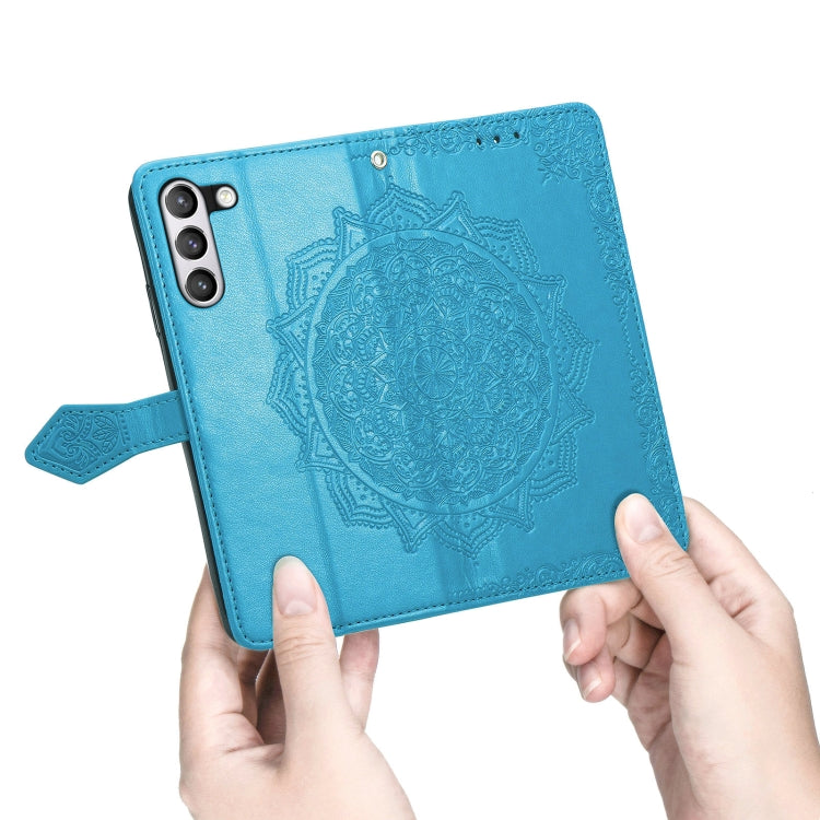 For Samsung Galaxy S21 FE Halfway Mandala Embossing Pattern Horizontal Flip Leather Case with Holder & Card Slots & Wallet & Lanyard