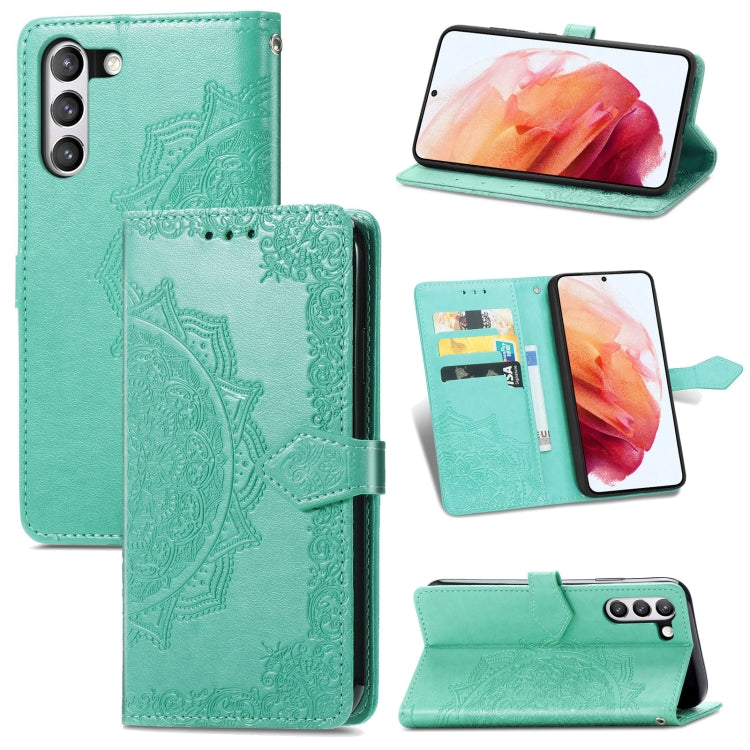 For Samsung Galaxy S21 FE Halfway Mandala Embossing Pattern Horizontal Flip Leather Case with Holder & Card Slots & Wallet & Lanyard