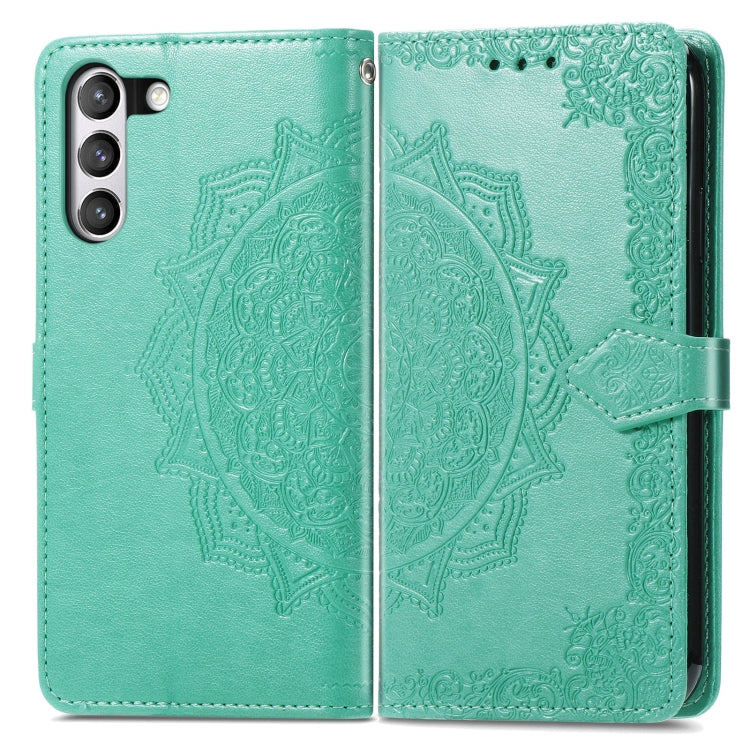 For Samsung Galaxy S21 FE Halfway Mandala Embossing Pattern Horizontal Flip Leather Case with Holder & Card Slots & Wallet & Lanyard