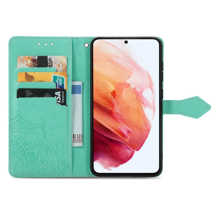 For Samsung Galaxy S21 FE Halfway Mandala Embossing Pattern Horizontal Flip Leather Case with Holder & Card Slots & Wallet & Lanyard