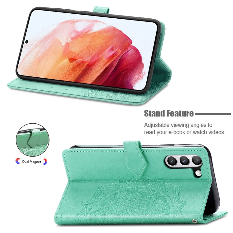 For Samsung Galaxy S21 FE Halfway Mandala Embossing Pattern Horizontal Flip Leather Case with Holder & Card Slots & Wallet & Lanyard