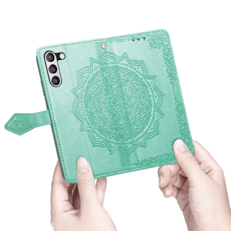 For Samsung Galaxy S21 FE Halfway Mandala Embossing Pattern Horizontal Flip Leather Case with Holder & Card Slots & Wallet & Lanyard