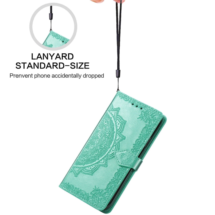 For Samsung Galaxy S21 FE Halfway Mandala Embossing Pattern Horizontal Flip Leather Case with Holder & Card Slots & Wallet & Lanyard