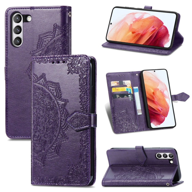For Samsung Galaxy S21 FE Halfway Mandala Embossing Pattern Horizontal Flip Leather Case with Holder & Card Slots & Wallet & Lanyard