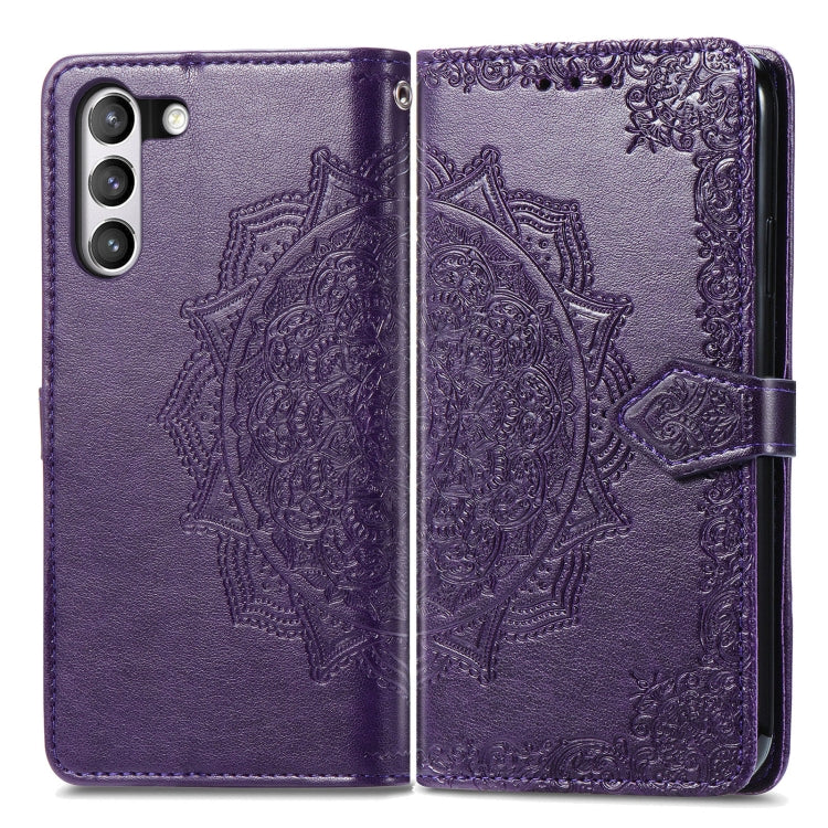 For Samsung Galaxy S21 FE Halfway Mandala Embossing Pattern Horizontal Flip Leather Case with Holder & Card Slots & Wallet & Lanyard