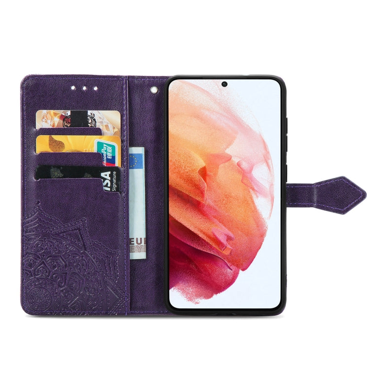 For Samsung Galaxy S21 FE Halfway Mandala Embossing Pattern Horizontal Flip Leather Case with Holder & Card Slots & Wallet & Lanyard