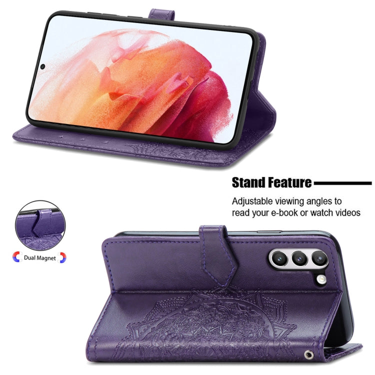 For Samsung Galaxy S21 FE Halfway Mandala Embossing Pattern Horizontal Flip Leather Case with Holder & Card Slots & Wallet & Lanyard