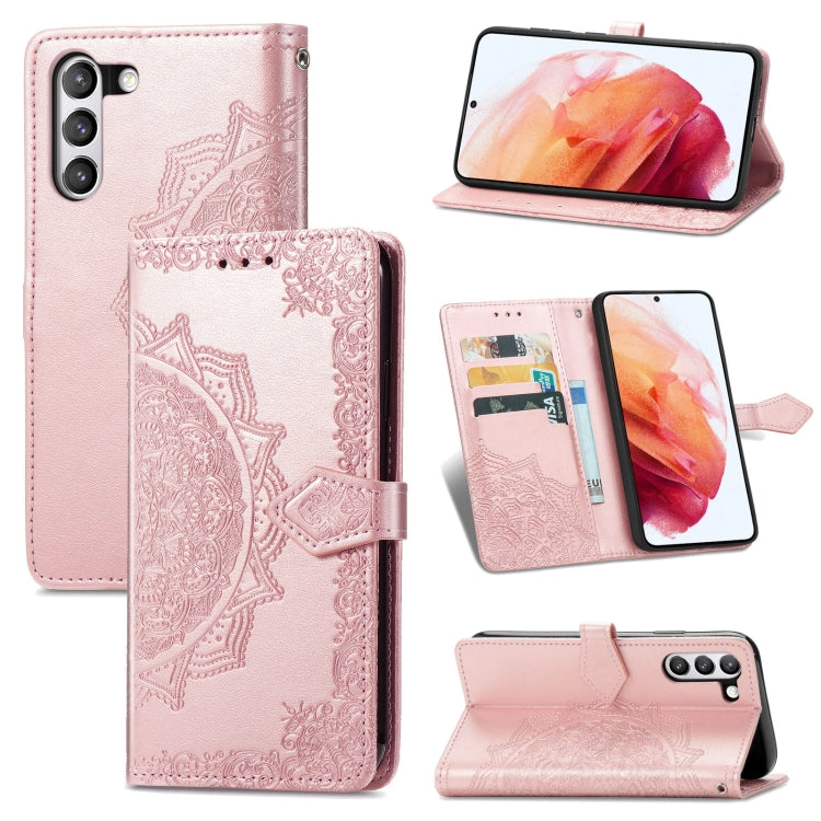 For Samsung Galaxy S21 FE Halfway Mandala Embossing Pattern Horizontal Flip Leather Case with Holder & Card Slots & Wallet & Lanyard