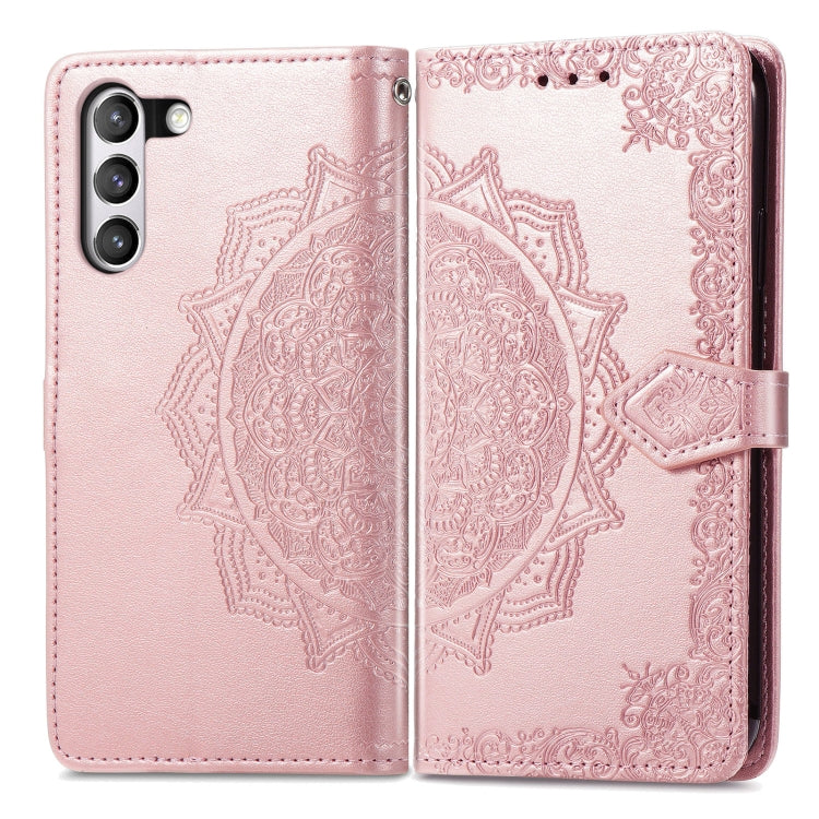 For Samsung Galaxy S21 FE Halfway Mandala Embossing Pattern Horizontal Flip Leather Case with Holder & Card Slots & Wallet & Lanyard