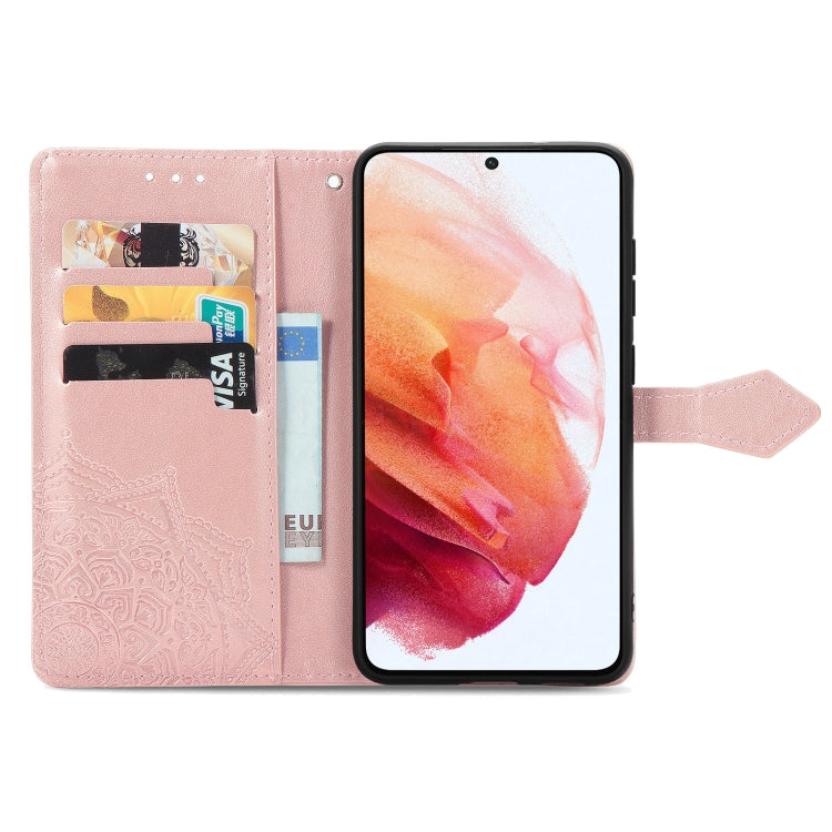 For Samsung Galaxy S21 FE Halfway Mandala Embossing Pattern Horizontal Flip Leather Case with Holder & Card Slots & Wallet & Lanyard