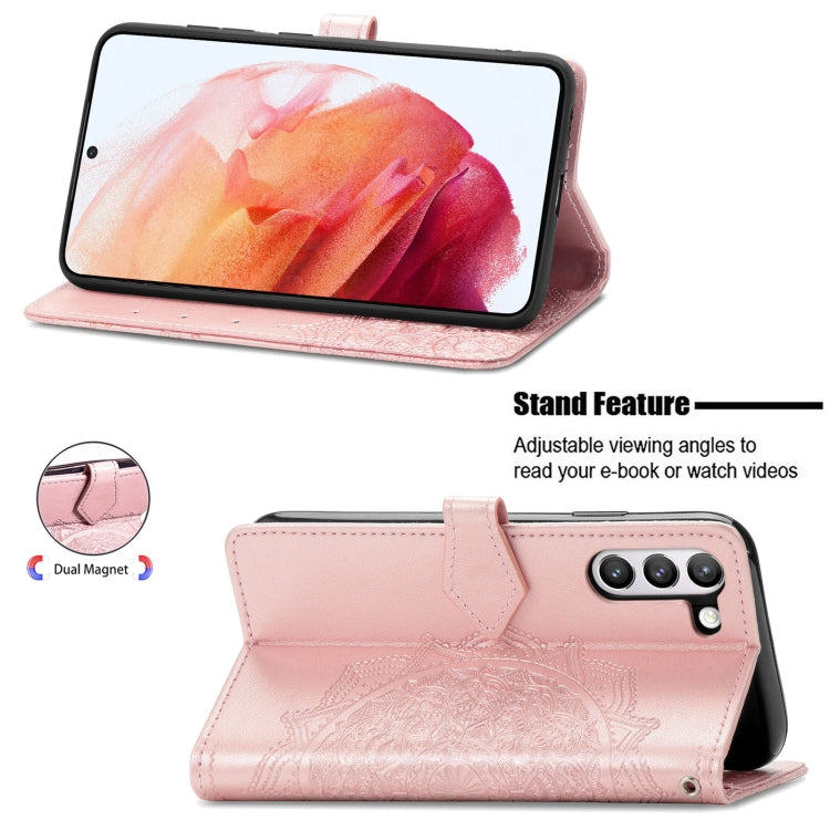 For Samsung Galaxy S21 FE Halfway Mandala Embossing Pattern Horizontal Flip Leather Case with Holder & Card Slots & Wallet & Lanyard