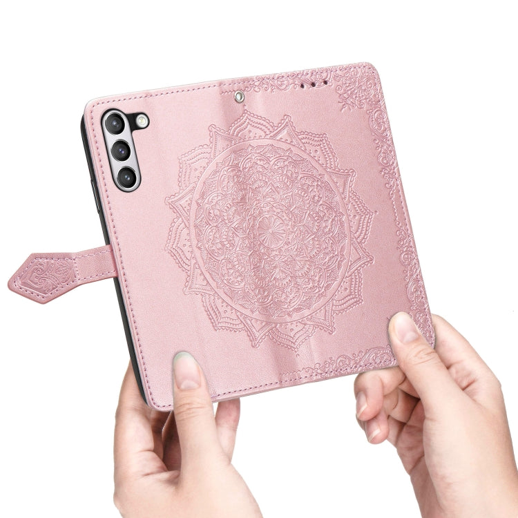 For Samsung Galaxy S21 FE Halfway Mandala Embossing Pattern Horizontal Flip Leather Case with Holder & Card Slots & Wallet & Lanyard