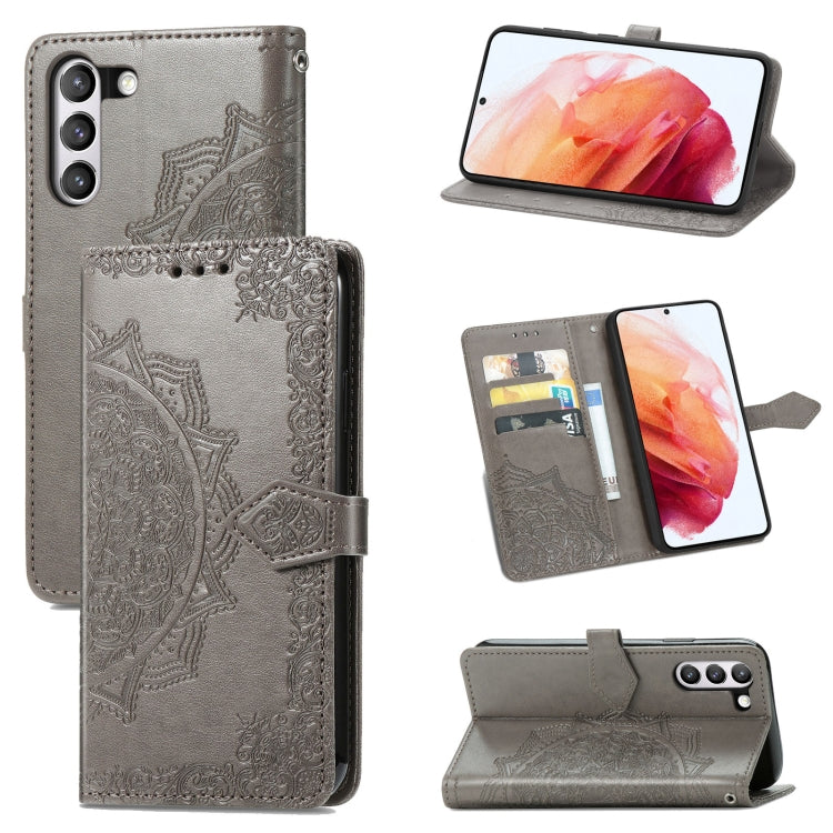 For Samsung Galaxy S21 FE Halfway Mandala Embossing Pattern Horizontal Flip Leather Case with Holder & Card Slots & Wallet & Lanyard