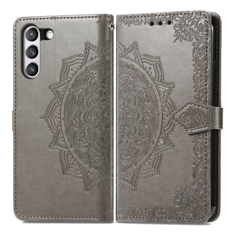 For Samsung Galaxy S21 FE Halfway Mandala Embossing Pattern Horizontal Flip Leather Case with Holder & Card Slots & Wallet & Lanyard