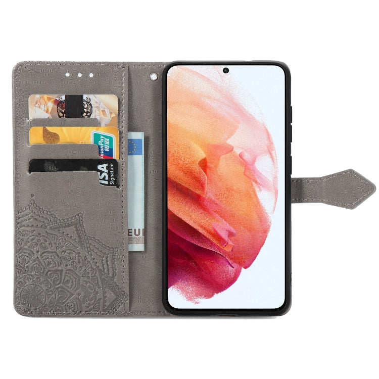 For Samsung Galaxy S21 FE Halfway Mandala Embossing Pattern Horizontal Flip Leather Case with Holder & Card Slots & Wallet & Lanyard