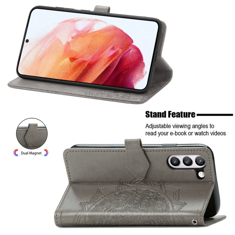 For Samsung Galaxy S21 FE Halfway Mandala Embossing Pattern Horizontal Flip Leather Case with Holder & Card Slots & Wallet & Lanyard