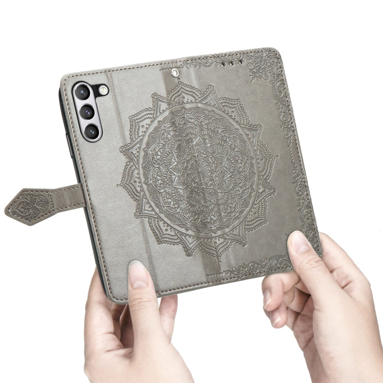 For Samsung Galaxy S21 FE Halfway Mandala Embossing Pattern Horizontal Flip Leather Case with Holder & Card Slots & Wallet & Lanyard