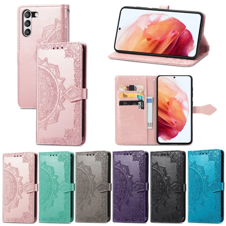 For Samsung Galaxy S21 FE Halfway Mandala Embossing Pattern Horizontal Flip Leather Case with Holder & Card Slots & Wallet & Lanyard