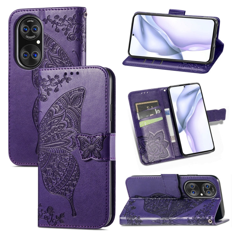 For Huawei  P50 Pro Butterfly Love Flowers Embossed Horizontal Flip Leather Case with Holder & Card Slots & Wallet & Lanyard