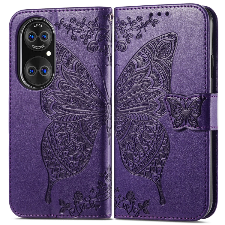For Huawei  P50 Butterfly Love Flowers Embossed Horizontal Flip Leather Case with Holder & Card Slots & Wallet & Lanyard