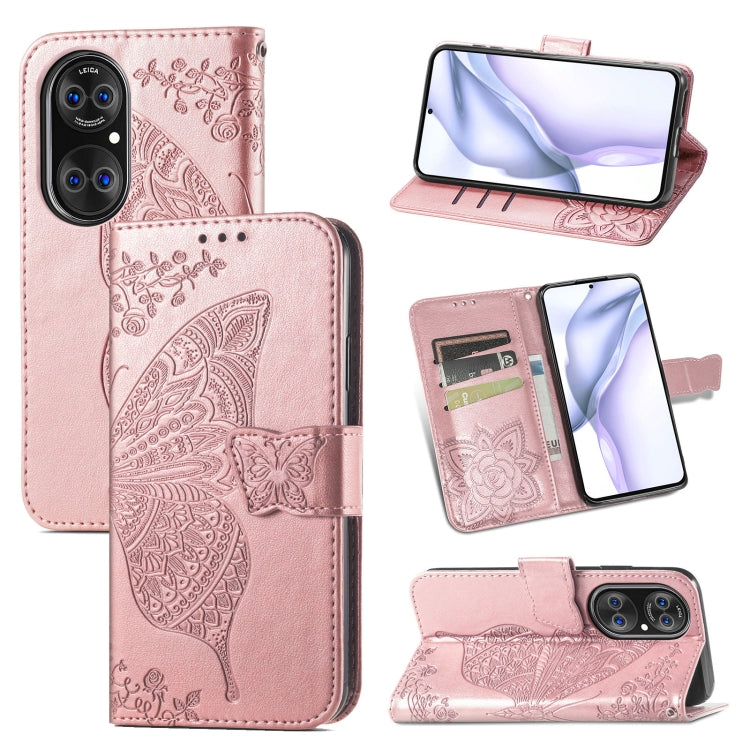 For Huawei  P50 Butterfly Love Flowers Embossed Horizontal Flip Leather Case with Holder & Card Slots & Wallet & Lanyard