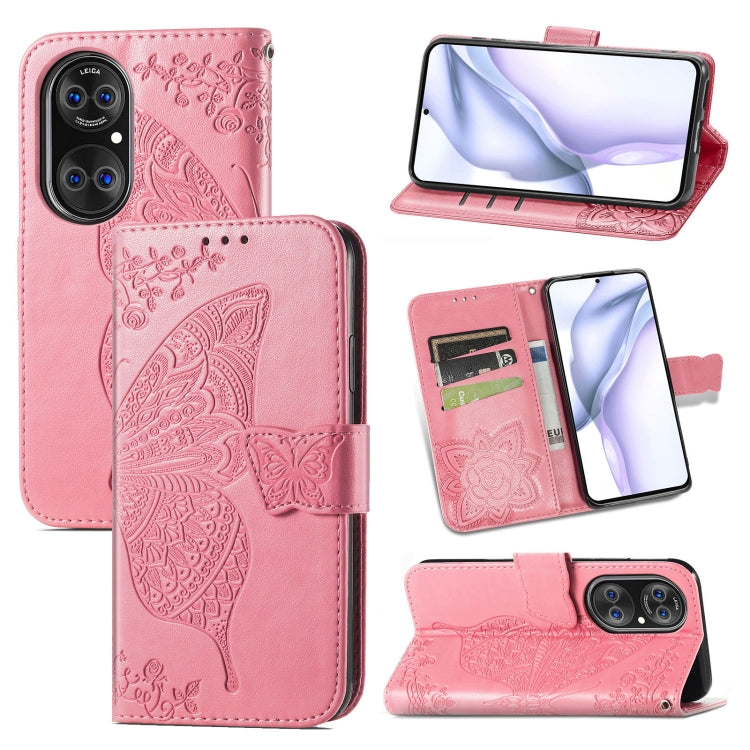 For Huawei  P50 Butterfly Love Flowers Embossed Horizontal Flip Leather Case with Holder & Card Slots & Wallet & Lanyard