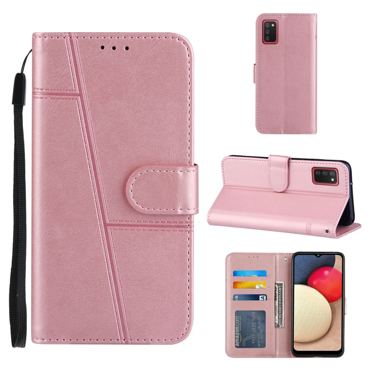 For Samsung Galaxy A02s (EU Version) Stitching Calf Texture Buckle Horizontal Flip Leather Case with Holder & Card Slots & Wallet & Lanyard