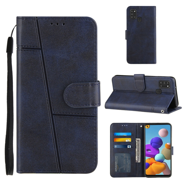 For Samsung Galaxy A21S Stitching Calf Texture Buckle Horizontal Flip Leather Case with Holder & Card Slots & Wallet & Lanyard