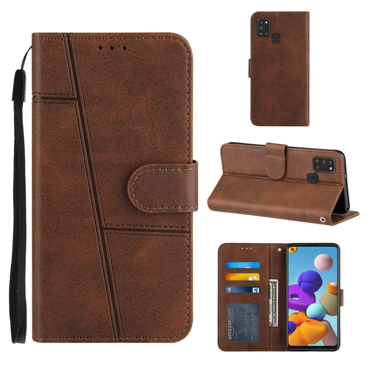 For Samsung Galaxy A21S Stitching Calf Texture Buckle Horizontal Flip Leather Case with Holder & Card Slots & Wallet & Lanyard