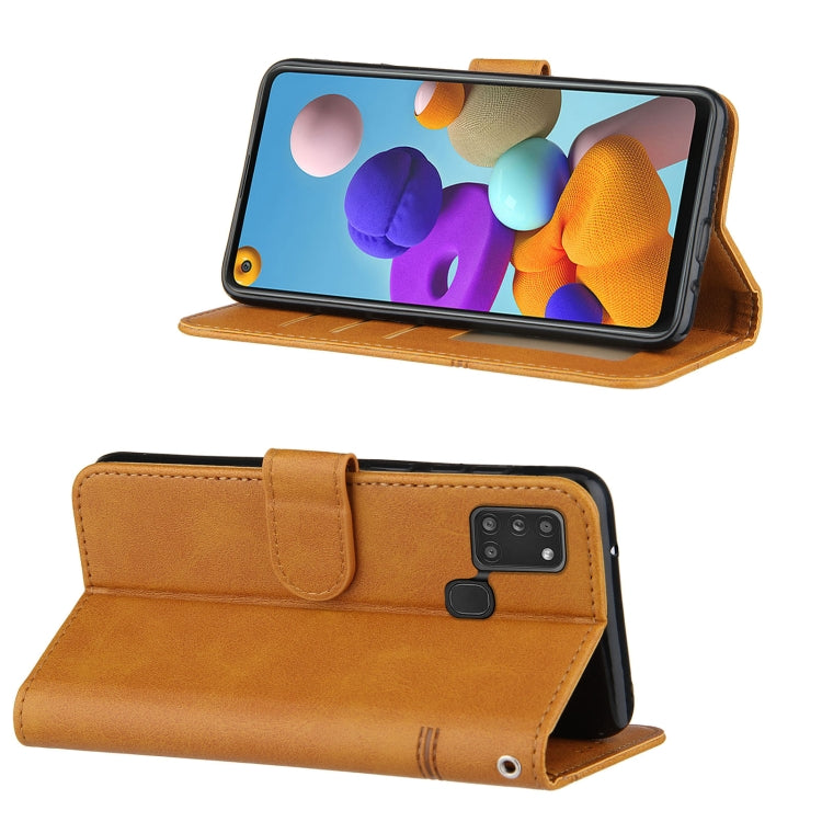 For Samsung Galaxy A21S Stitching Calf Texture Buckle Horizontal Flip Leather Case with Holder & Card Slots & Wallet & Lanyard