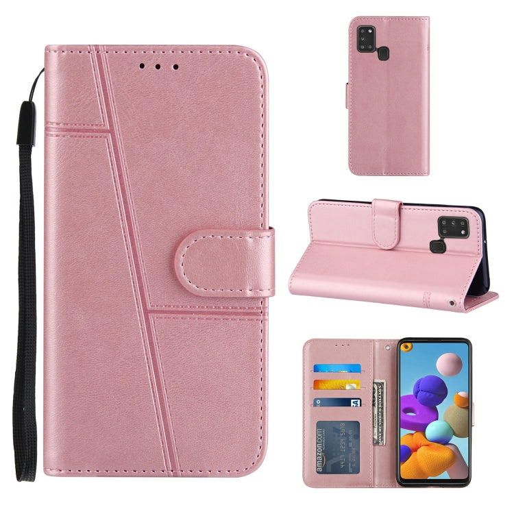 For Samsung Galaxy A21S Stitching Calf Texture Buckle Horizontal Flip Leather Case with Holder & Card Slots & Wallet & Lanyard