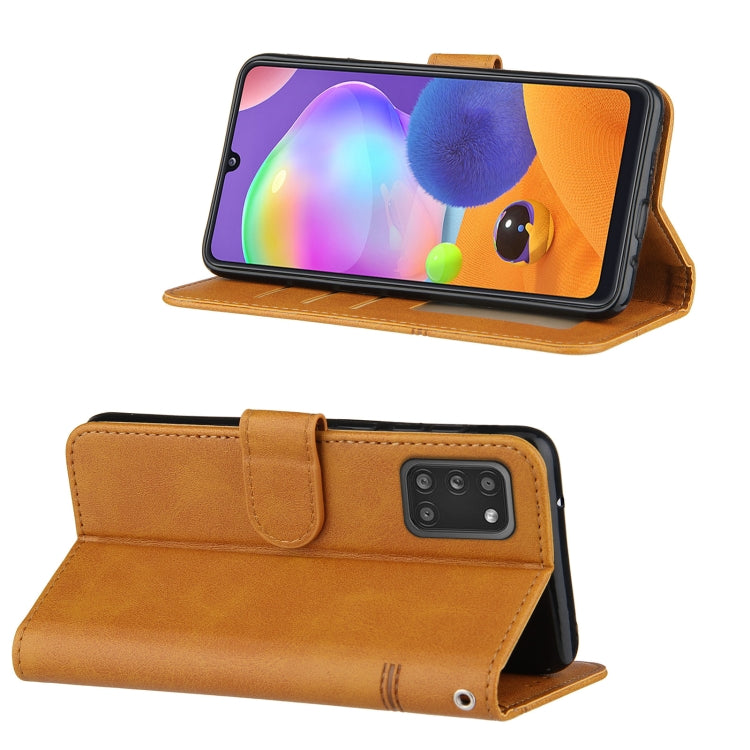 For Samsung Galaxy A31 4G Stitching Calf Texture Buckle Horizontal Flip Leather Case with Holder & Card Slots & Wallet & Lanyard