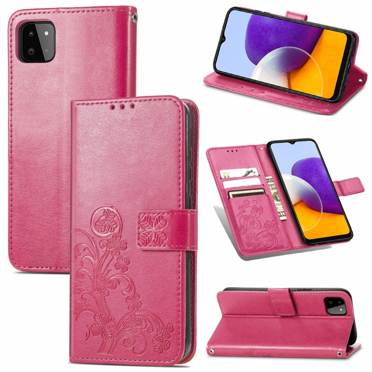 For Samsung Galaxy A22 5G Four-leaf Clasp Embossed Buckle Mobile Phone Protection Leather Case with Lanyard & Card Slot & Wallet & Bracket Function