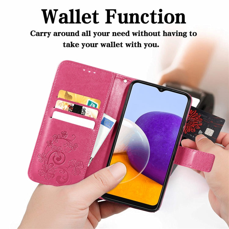 For Samsung Galaxy A22 5G Four-leaf Clasp Embossed Buckle Mobile Phone Protection Leather Case with Lanyard & Card Slot & Wallet & Bracket Function