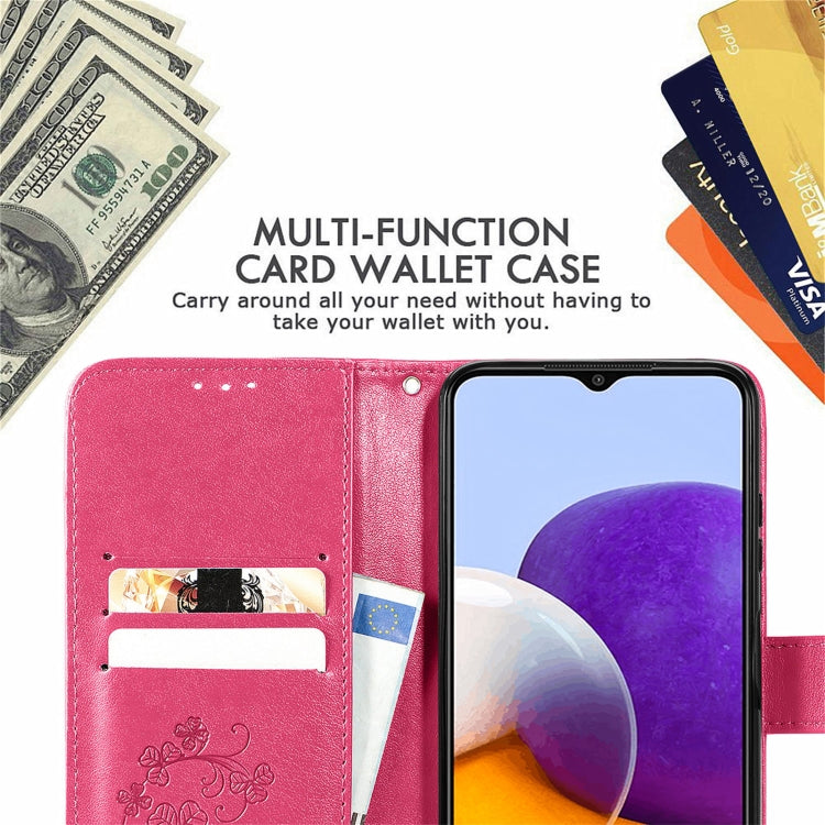 For Samsung Galaxy A22 5G Four-leaf Clasp Embossed Buckle Mobile Phone Protection Leather Case with Lanyard & Card Slot & Wallet & Bracket Function