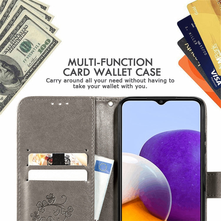 For Samsung Galaxy A22 5G Four-leaf Clasp Embossed Buckle Mobile Phone Protection Leather Case with Lanyard & Card Slot & Wallet & Bracket Function