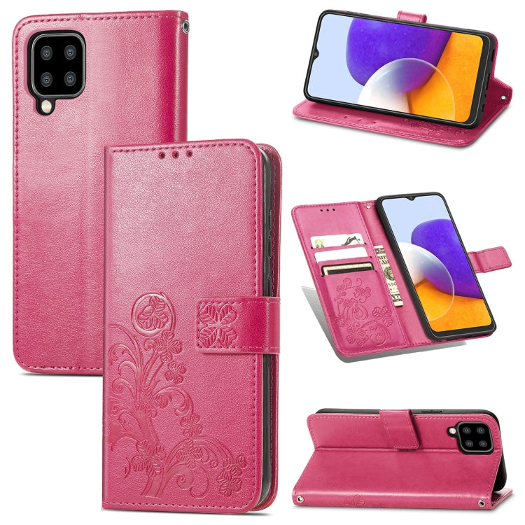 For Samsung Galaxy A22 4G Four-leaf Clasp Embossed Buckle Mobile Phone Protection Leather Case with Lanyard & Card Slot & Wallet & Bracket Function