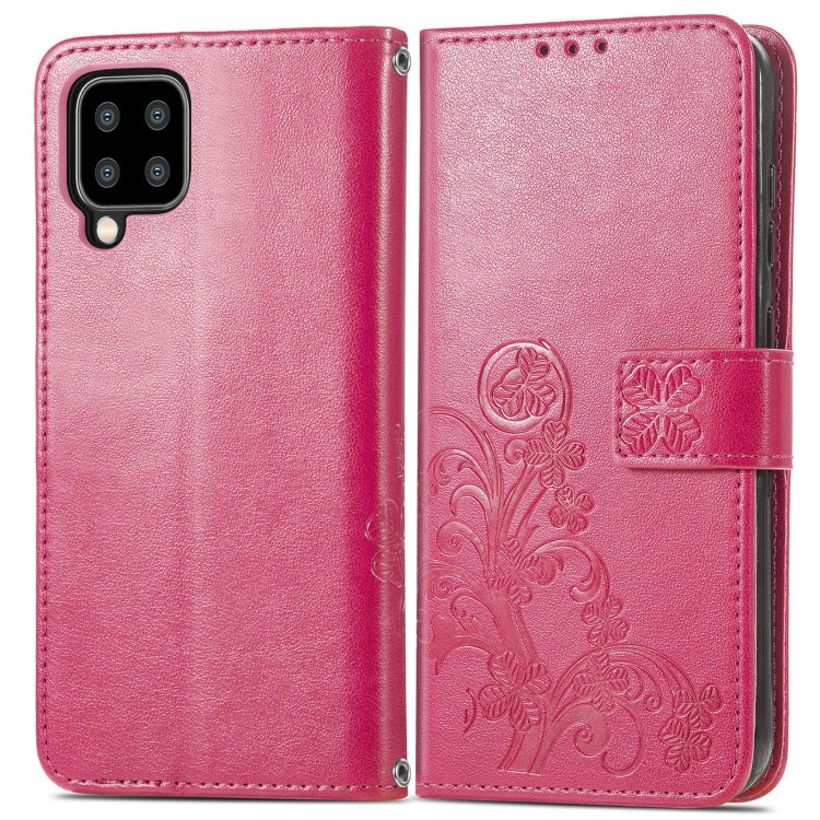 For Samsung Galaxy A22 4G Four-leaf Clasp Embossed Buckle Mobile Phone Protection Leather Case with Lanyard & Card Slot & Wallet & Bracket Function