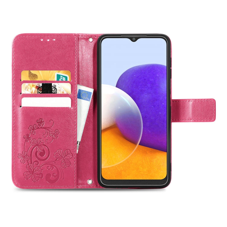 For Samsung Galaxy A22 4G Four-leaf Clasp Embossed Buckle Mobile Phone Protection Leather Case with Lanyard & Card Slot & Wallet & Bracket Function