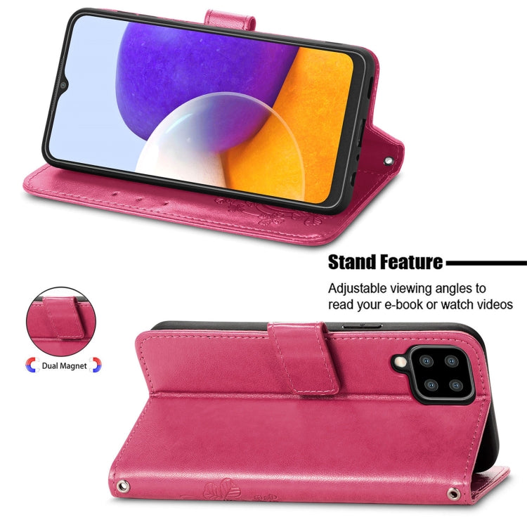 For Samsung Galaxy A22 4G Four-leaf Clasp Embossed Buckle Mobile Phone Protection Leather Case with Lanyard & Card Slot & Wallet & Bracket Function